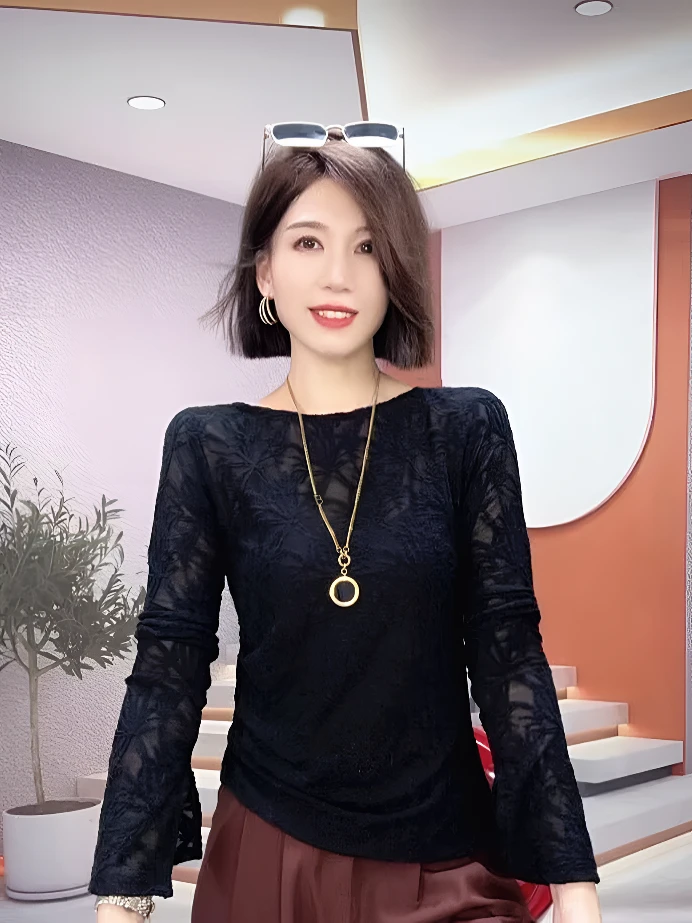 复古法式镂空不规则提花上衣女2024秋冬新款修身显瘦气质百搭长袖