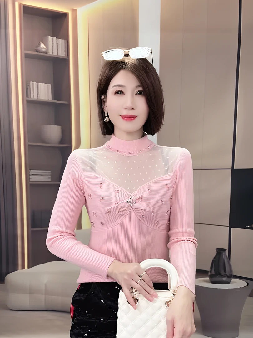 2024秋冬韩系小香风半高领网纱拼接钉钻针织衫女修身显瘦打底衫