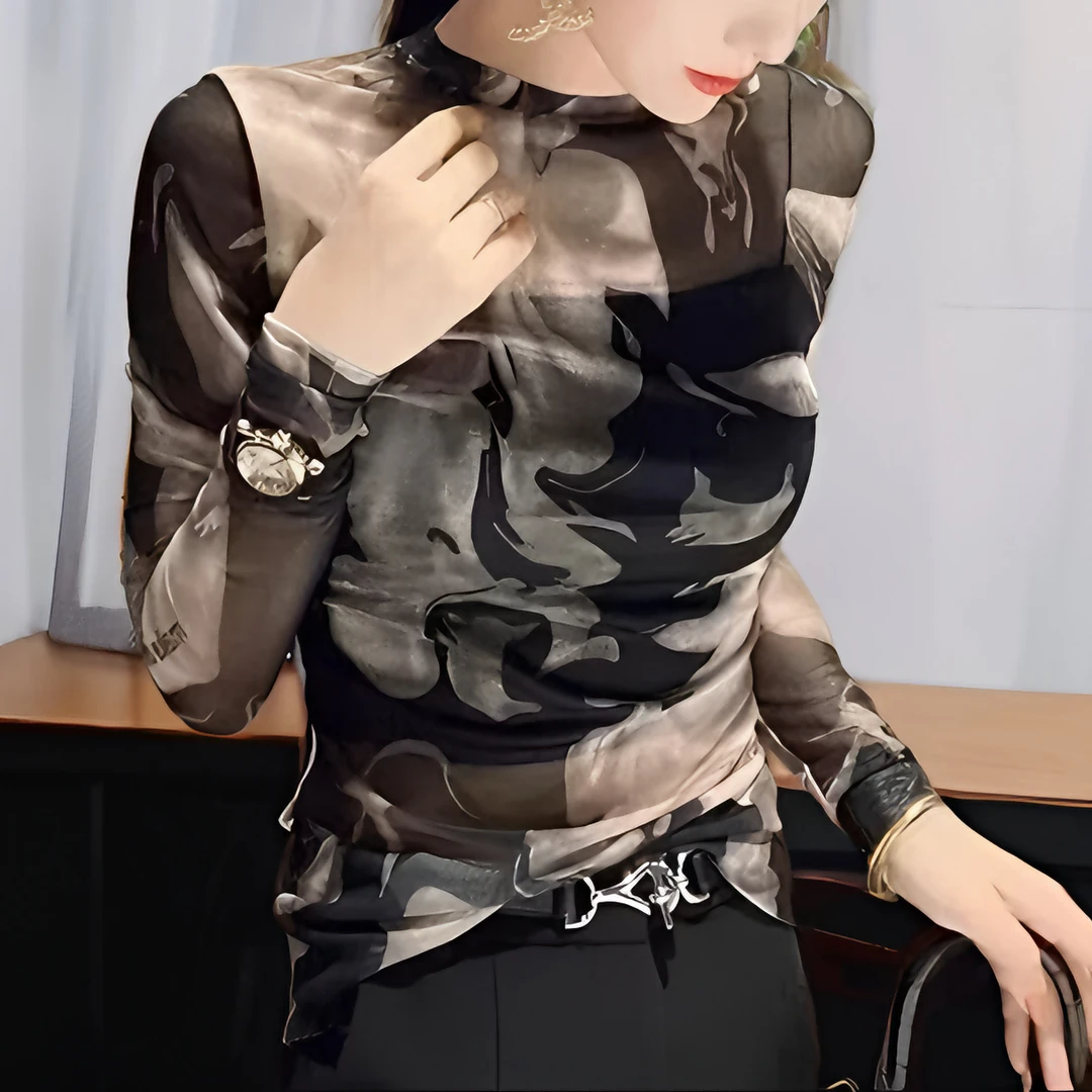 欧货2025春秋女时尚纱网水墨印花长袖圆领T恤修身打底衫上衣显瘦t
