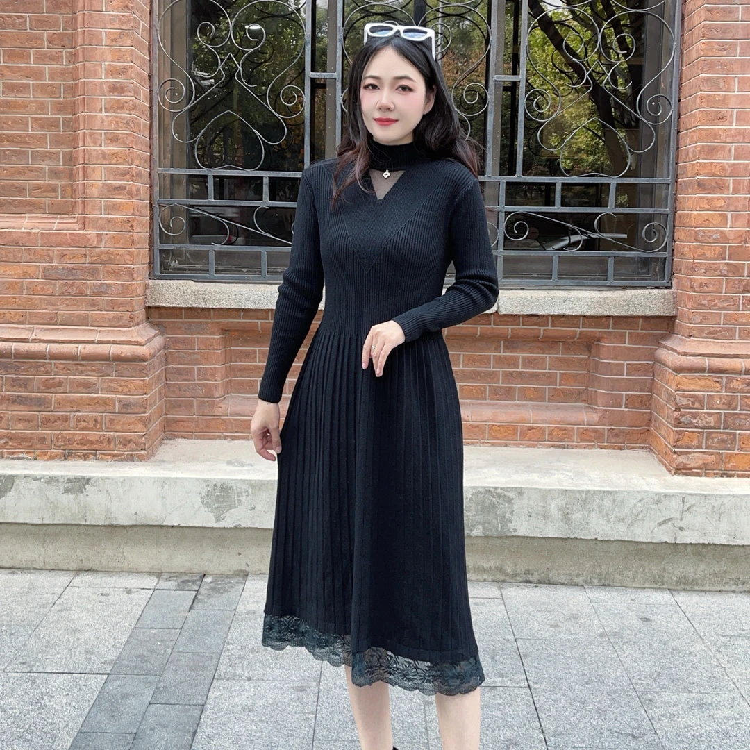 秋冬针织连衣裙百搭新款秋冬蕾丝修身显瘦配大衣女打底毛衣裙宽松