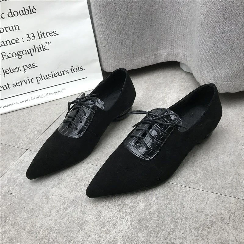 品牌撤柜2024春季新款休闲尖头低跟粗跟复古百搭磨砂皮女单鞋