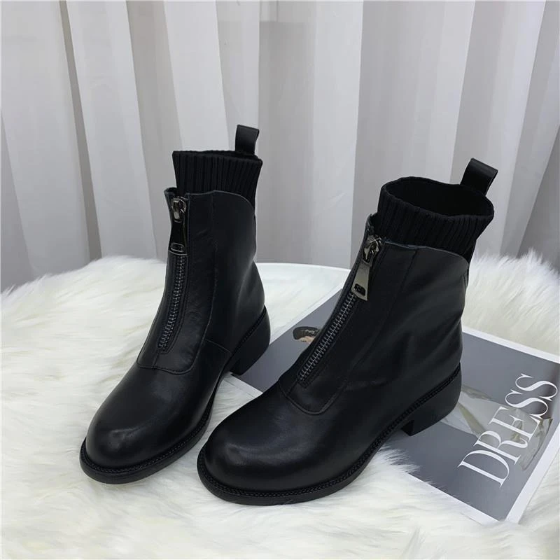 真皮短靴女撤柜头层牛皮新款秋冬中跟粗跟拉链加绒保暖时尚马丁靴