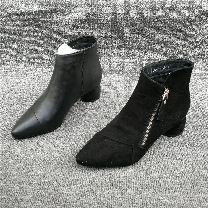 外贸撤柜真皮女靴2025秋冬新款牛皮尖头中粗跟侧拉链保暖短筒靴