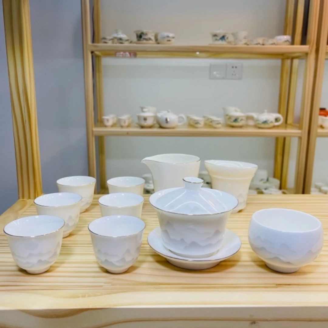 中国白羊脂玉瓷描金水墨隐山11件套茶具套组
