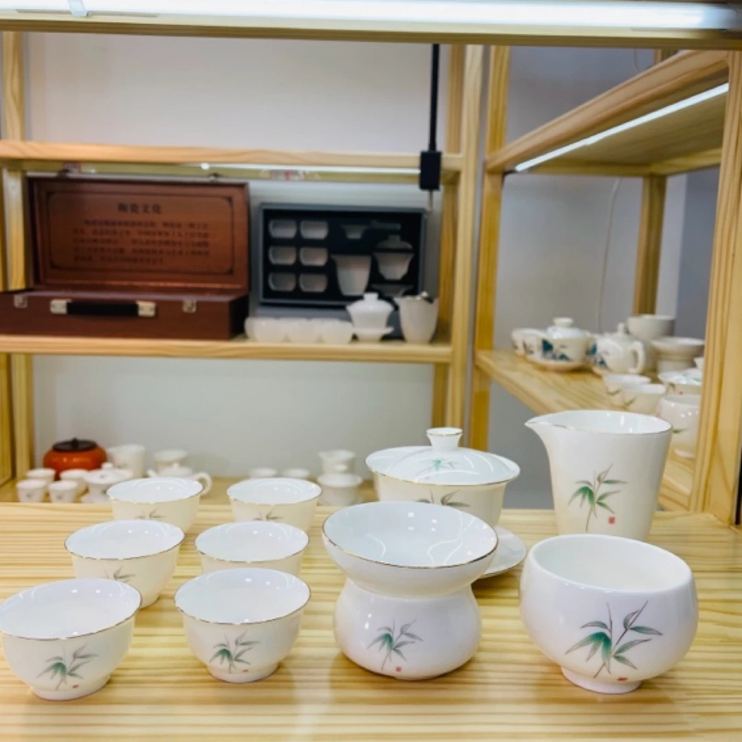 描金绿竹11件套羊脂玉瓷茶具套组