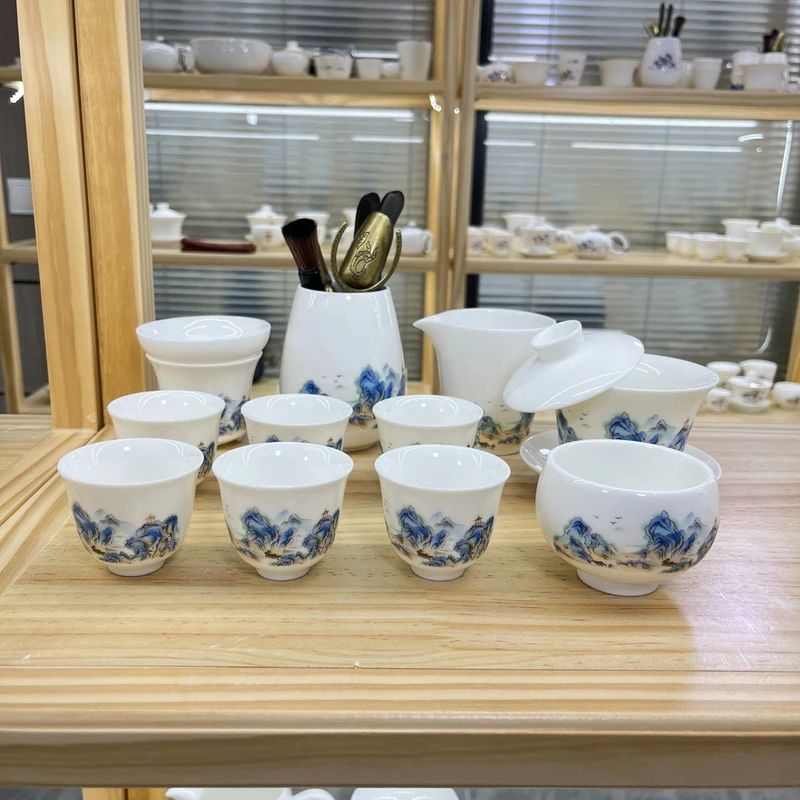 江山如画悬停盖碗11件套+六君子 羊脂玉白瓷功夫茶具安全泡沫包装