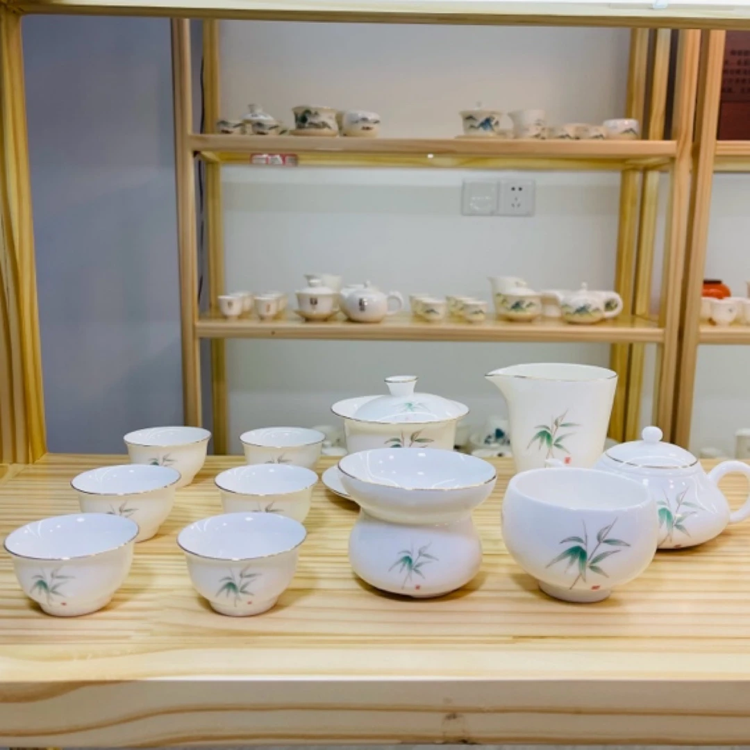 描金绿竹12件套中国白羊脂玉瓷功夫茶具套组
