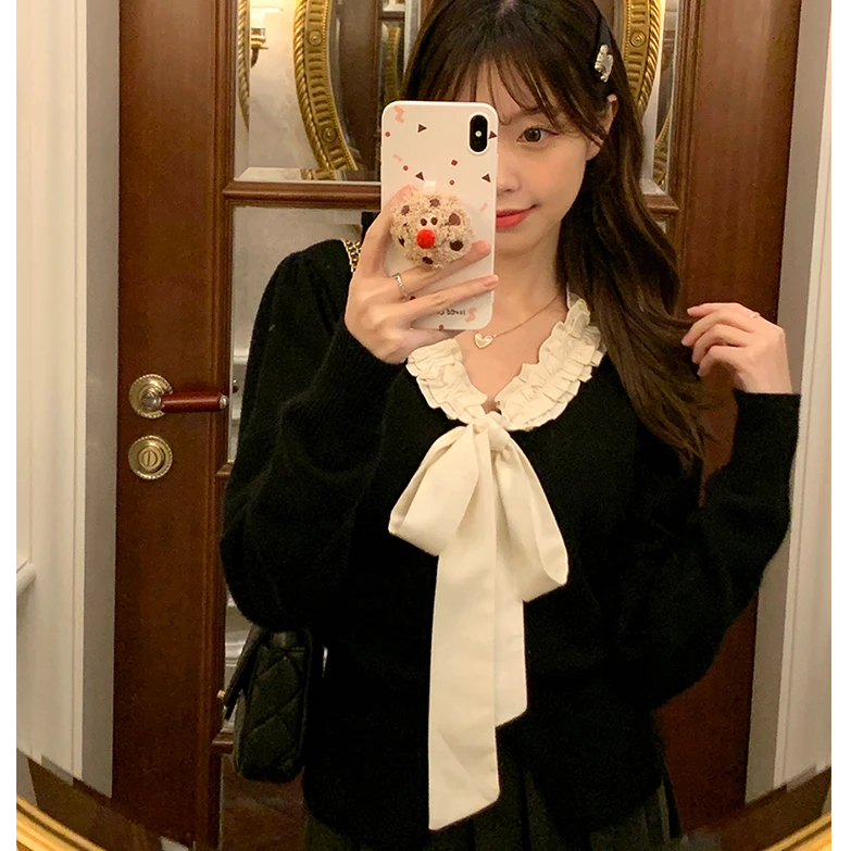 蝴蝶结绑带款针织衫2024秋季新款韩系气质修身显瘦百搭开衫上衣女