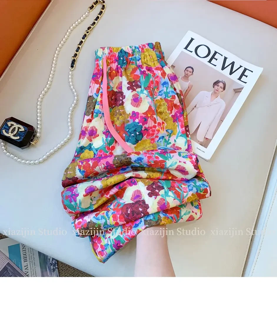 冰丝花裤子女夏季2025新款碎花设计感沙滩小个子九分凉凉阔腿裤薄