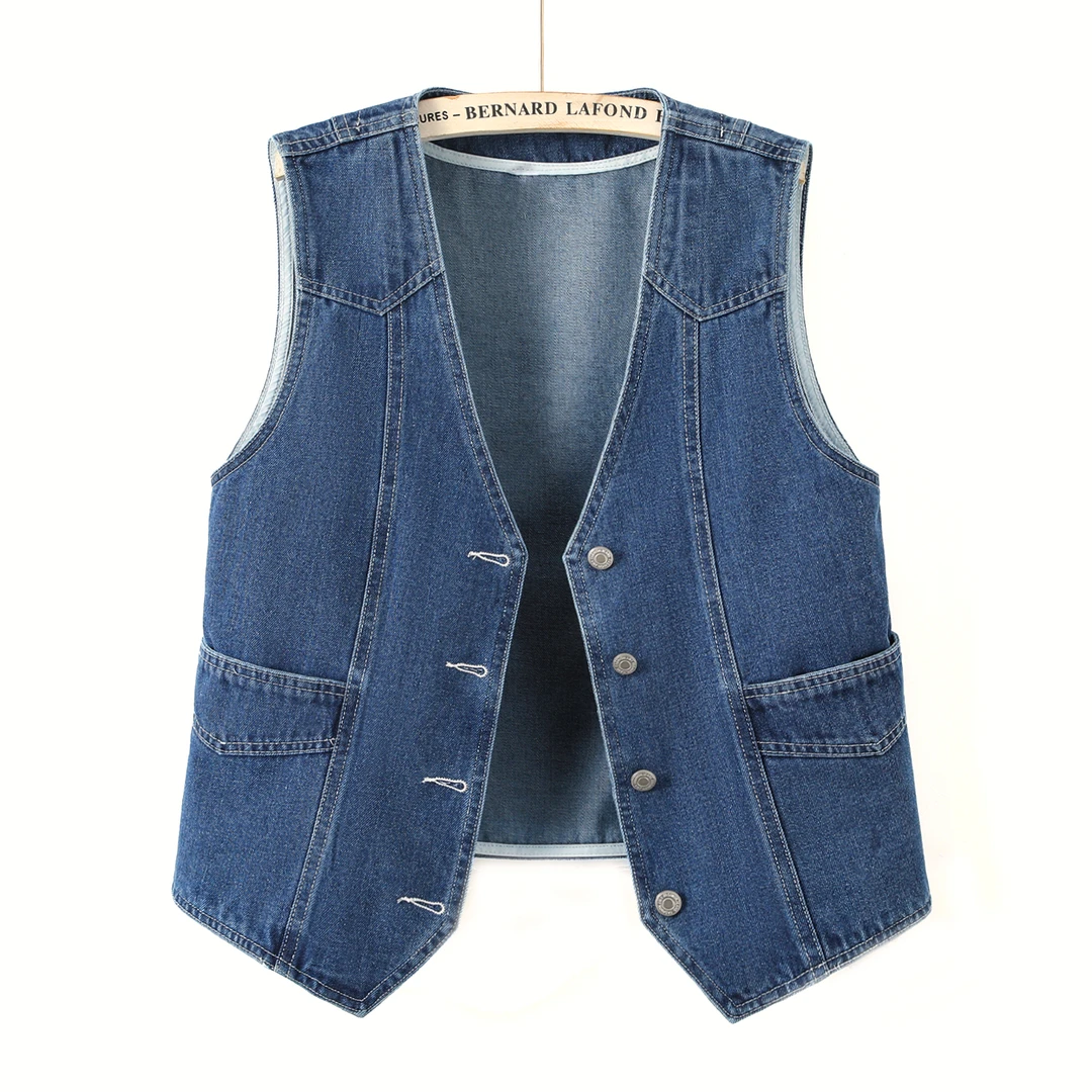 深蓝色V领牛仔马甲女春秋季宽松显瘦小个子无袖外搭坎肩外套背心