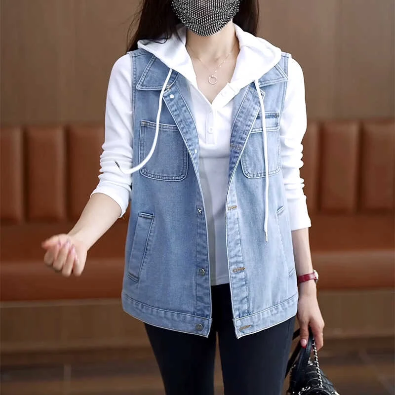 休闲大码牛仔马甲女短款春秋新款小个子宽松百搭坎肩背心马夹外套