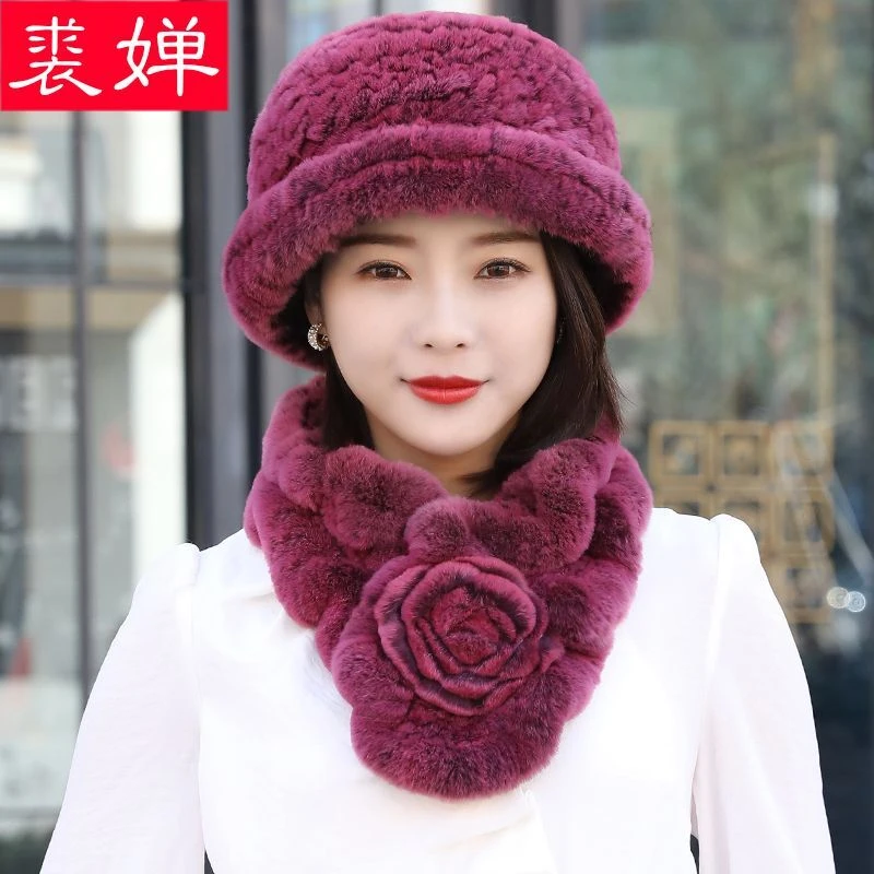 兔毛皮草太阳礼帽子围巾两件套装女秋冬季加厚保暖中老年人妈妈