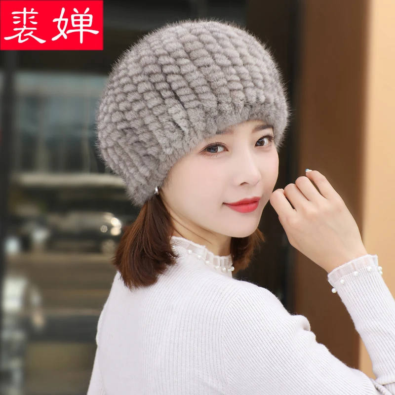 裘婵水貂毛皮草编织帽子女士冬季休闲百搭貂皮护耳防寒妈妈贝雷帽