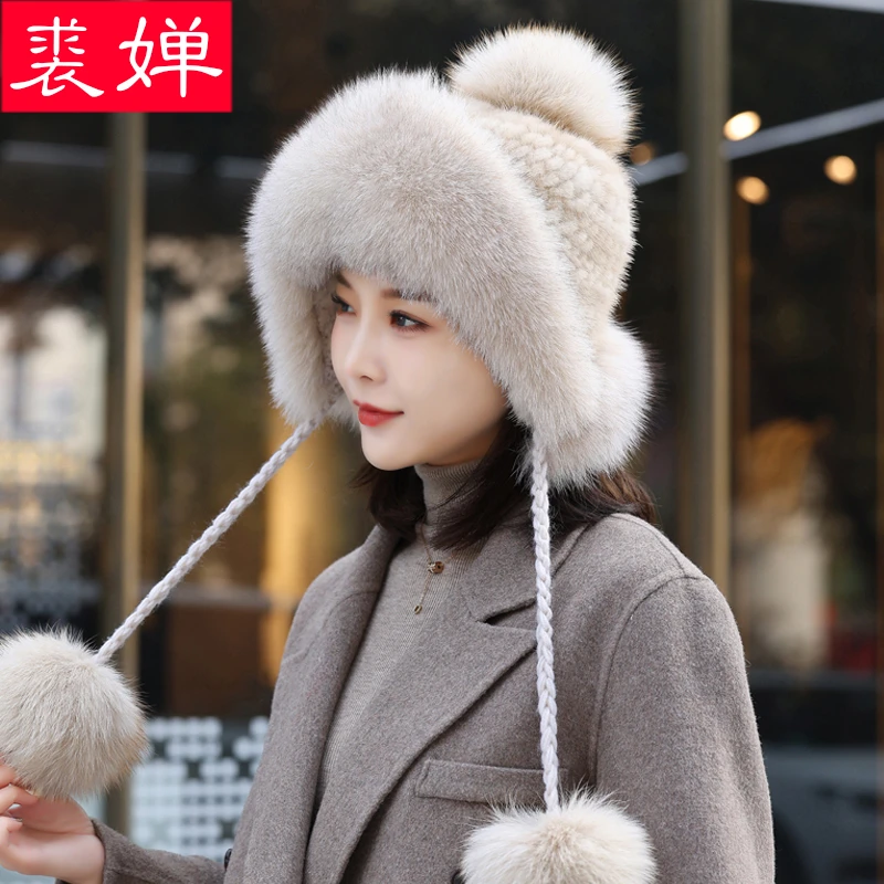 裘婵水貂皮草帽子女秋冬天真貂毛冬款貂皮韩版时尚狐狸毛护耳保暖