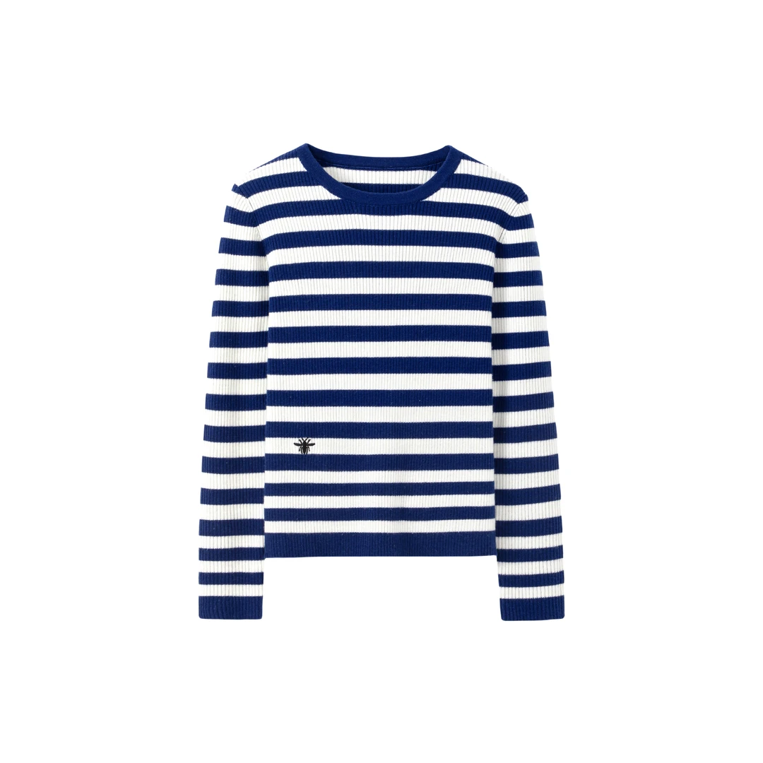 2025早春季时尚百搭蓝白条纹刺绣圆领修身打底长袖针织套衫-LK018