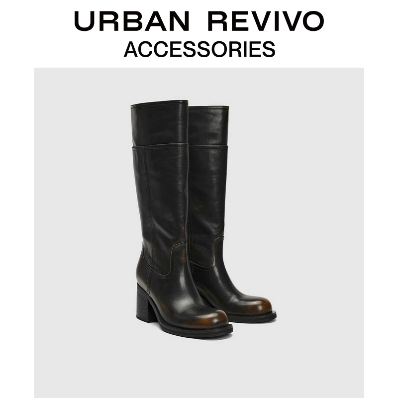 URBAN REVIVO女士复古风做旧擦色长靴UAYS40008