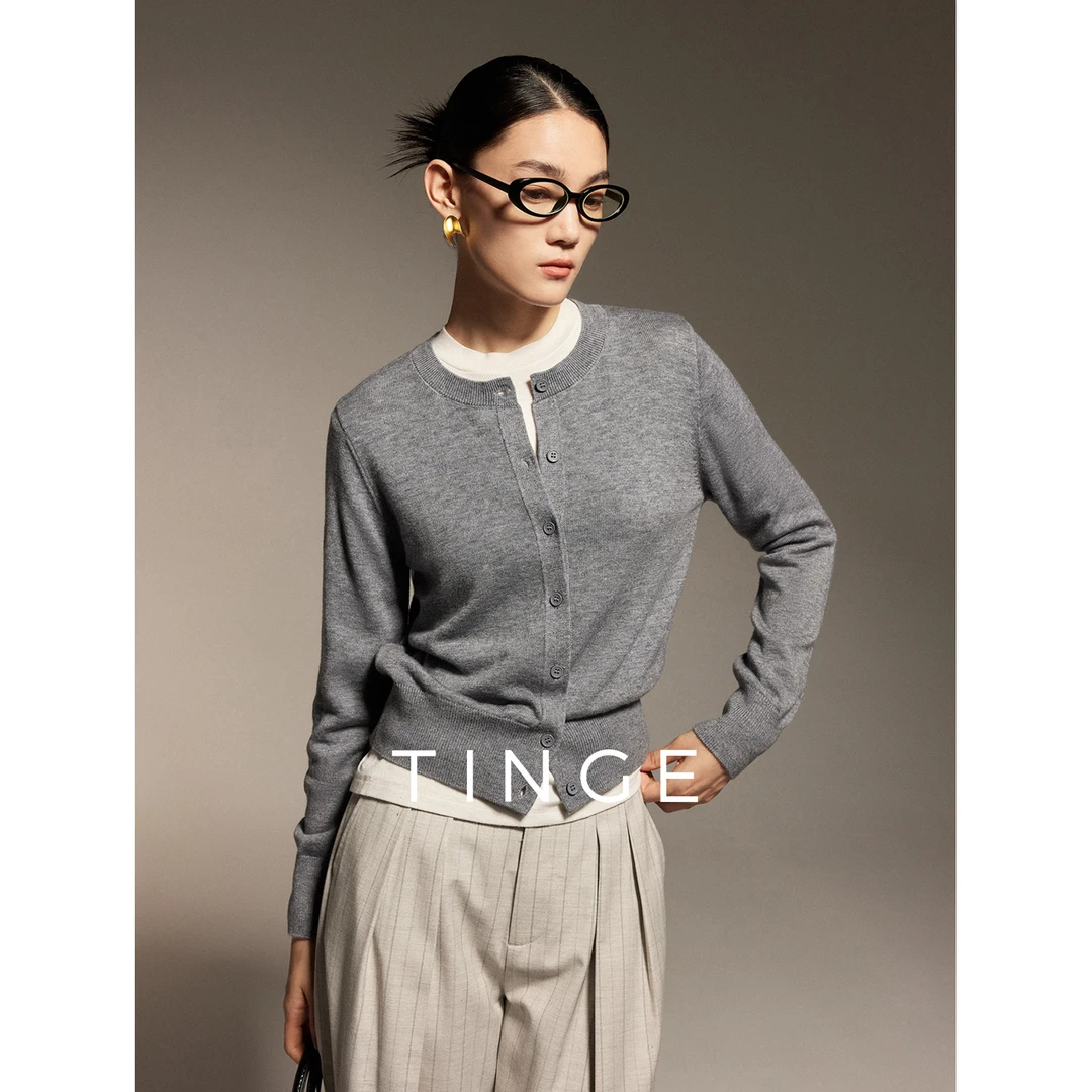 TINGE贴己格雷灰Miu风羊毛开衫外搭时尚针织衫新款打底长袖上衣