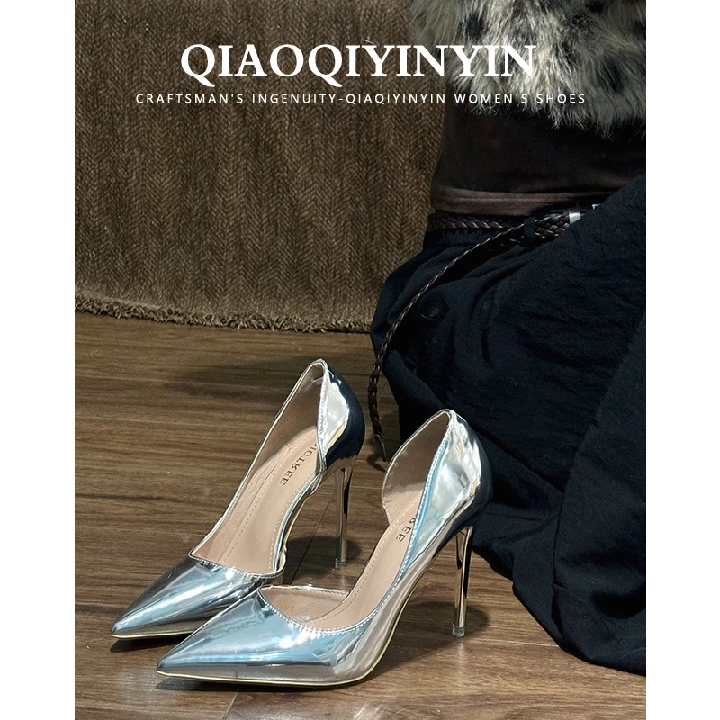 乔气银银 银色尖头高跟鞋女细跟简约浅口侧镂空御姐性感高跟单鞋