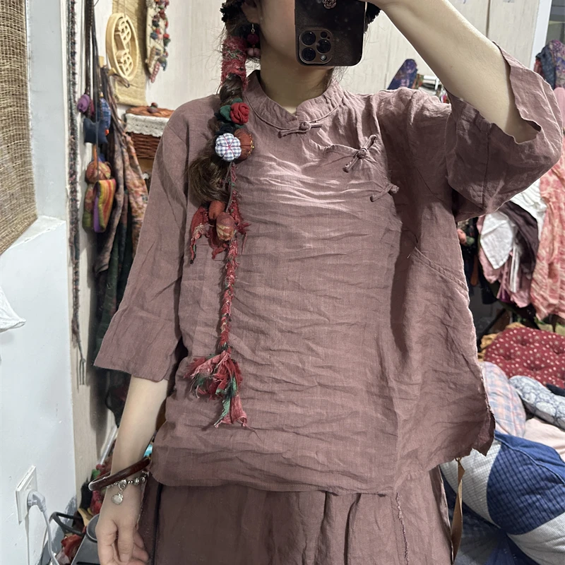 妞妞 高品质砂洗亚麻手工盘扣斜襟奶奶款中袖小衫