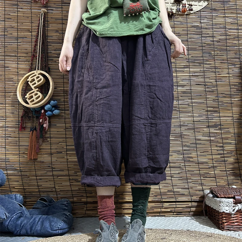 妞妞 冬季新款文艺宽松显瘦八分裤女加棉行线做旧麻裤