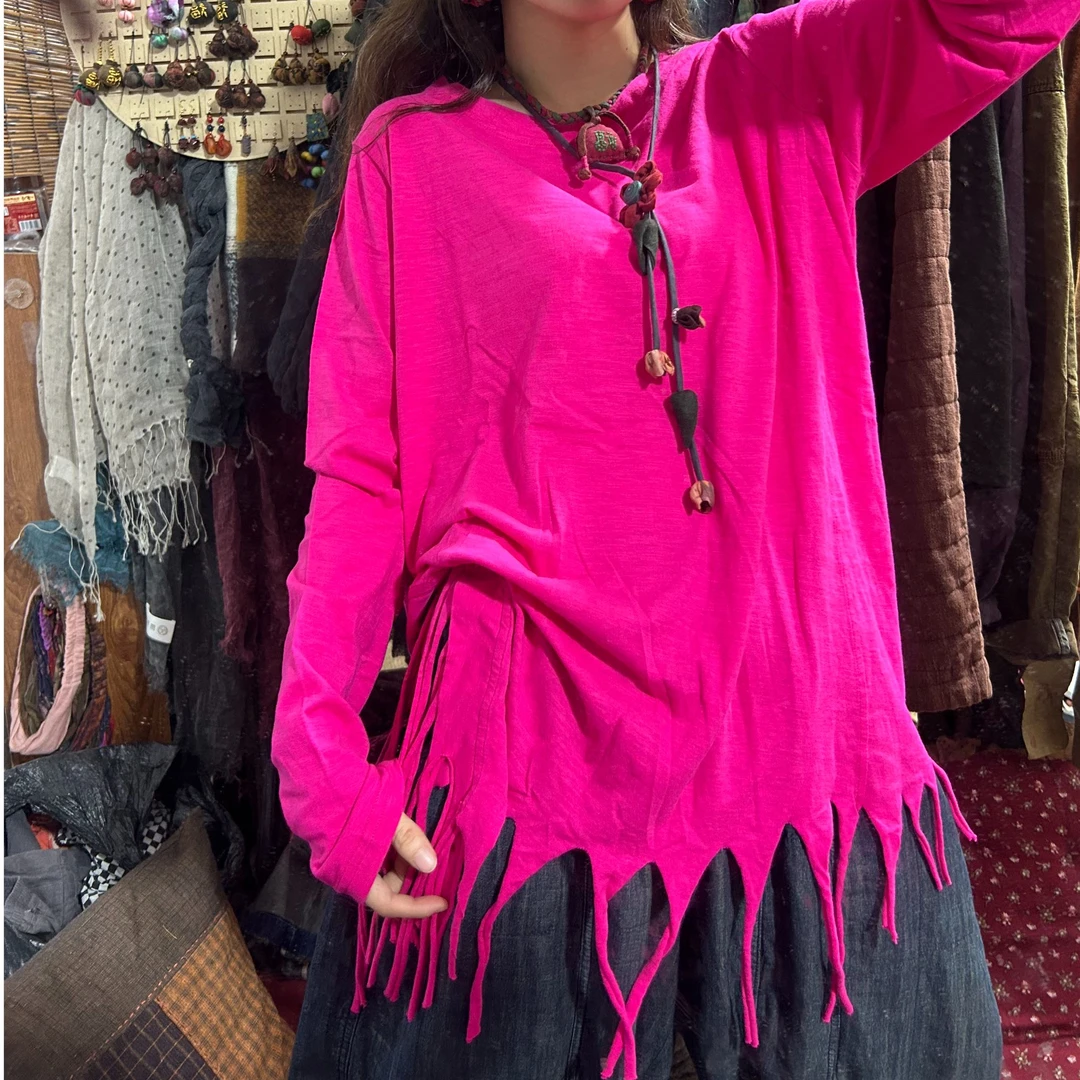 妞妞 新款棉质长袖百搭小衫下摆不规则流苏T恤