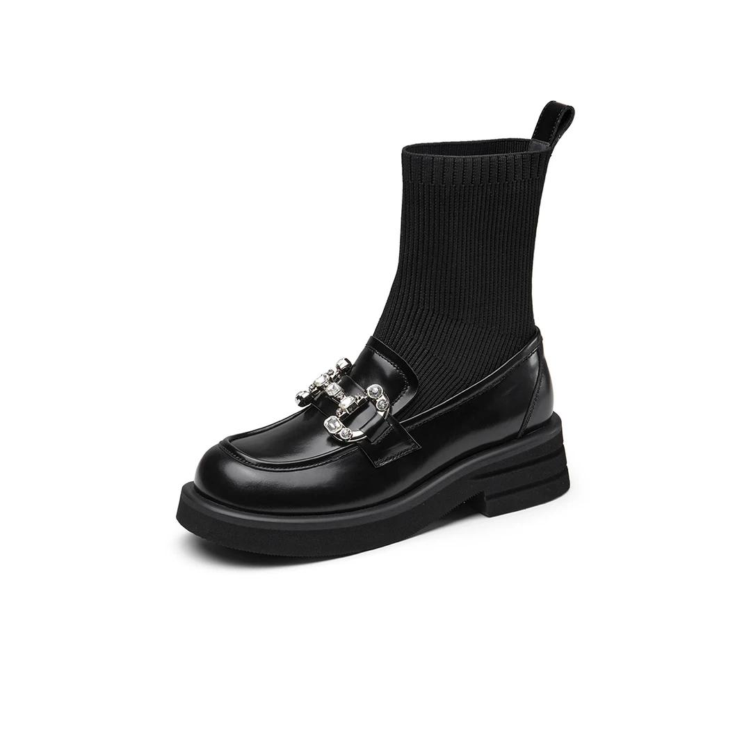 【老板娘专属】杰雷哈洛2023秋冬英伦风牛皮拼接弹力靴女短筒靴百搭