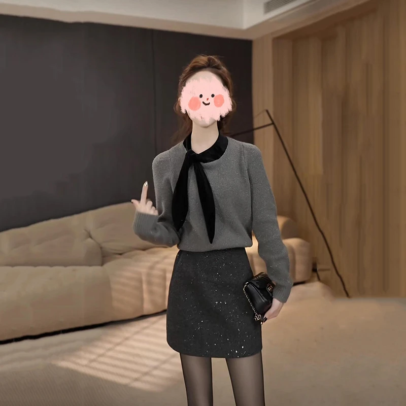 2024秋冬新款小个子洋气套装女蝴蝶结系带毛衣高腰包臀短裙两件套