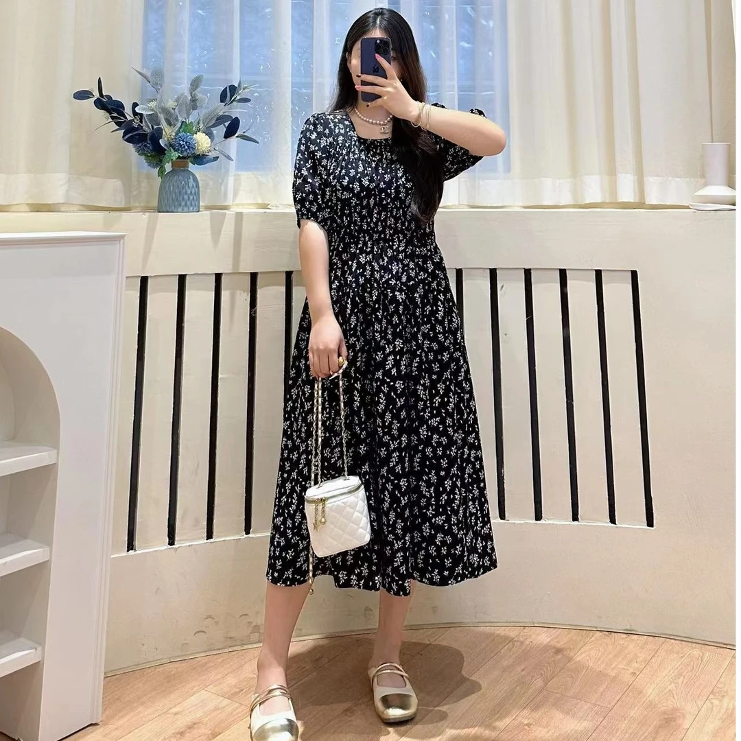 2025夏季新品【小麦穗】简约法式黑白碎花收腰显瘦大码中长连衣裙
