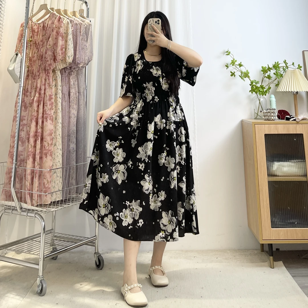 气质大花【香水百合】轻薄透气窄肩飞袖大码胖mm松紧腰显瘦连衣裙