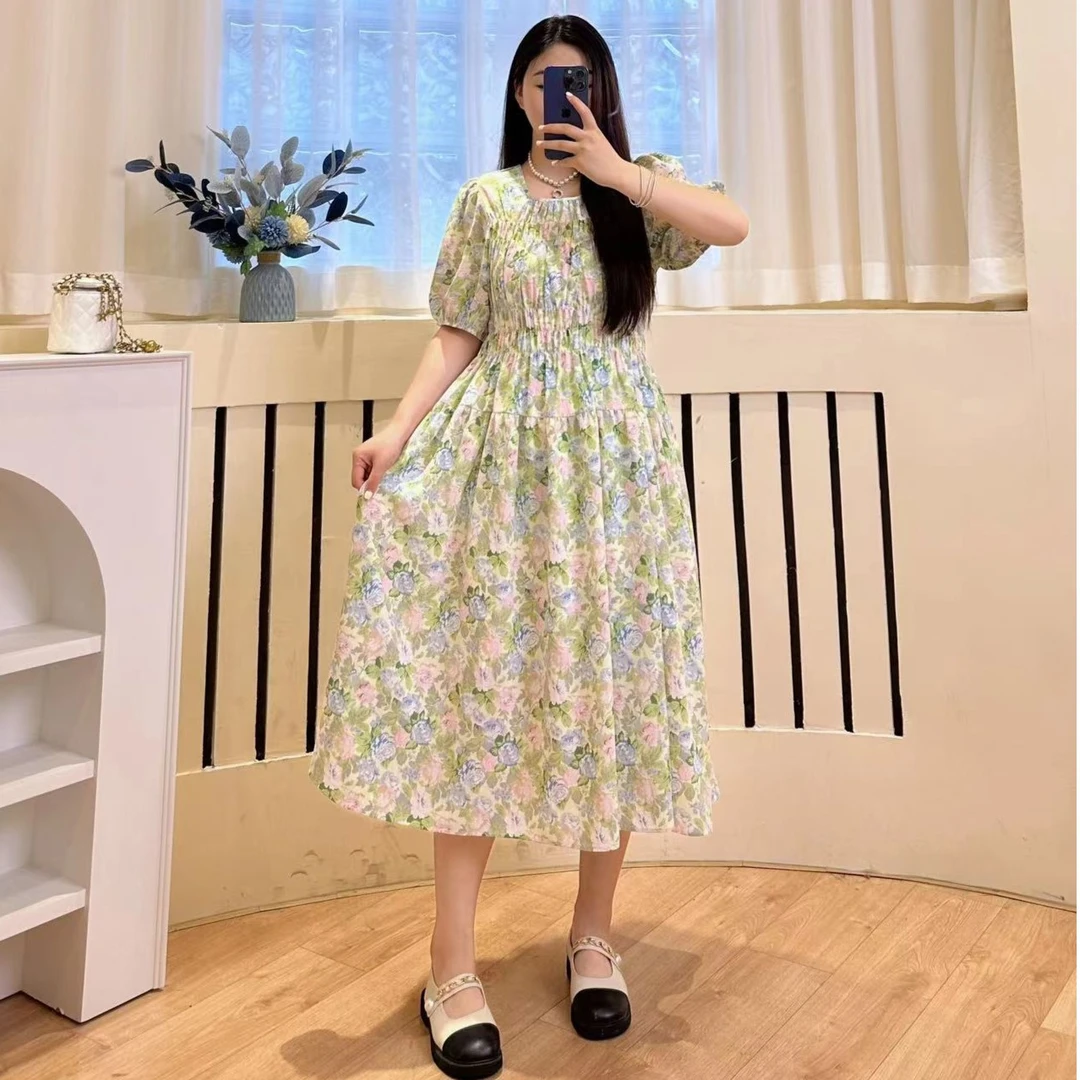 【张小静】【百花园】法式方领窄肩松紧腰收腰显瘦中长款连衣裙