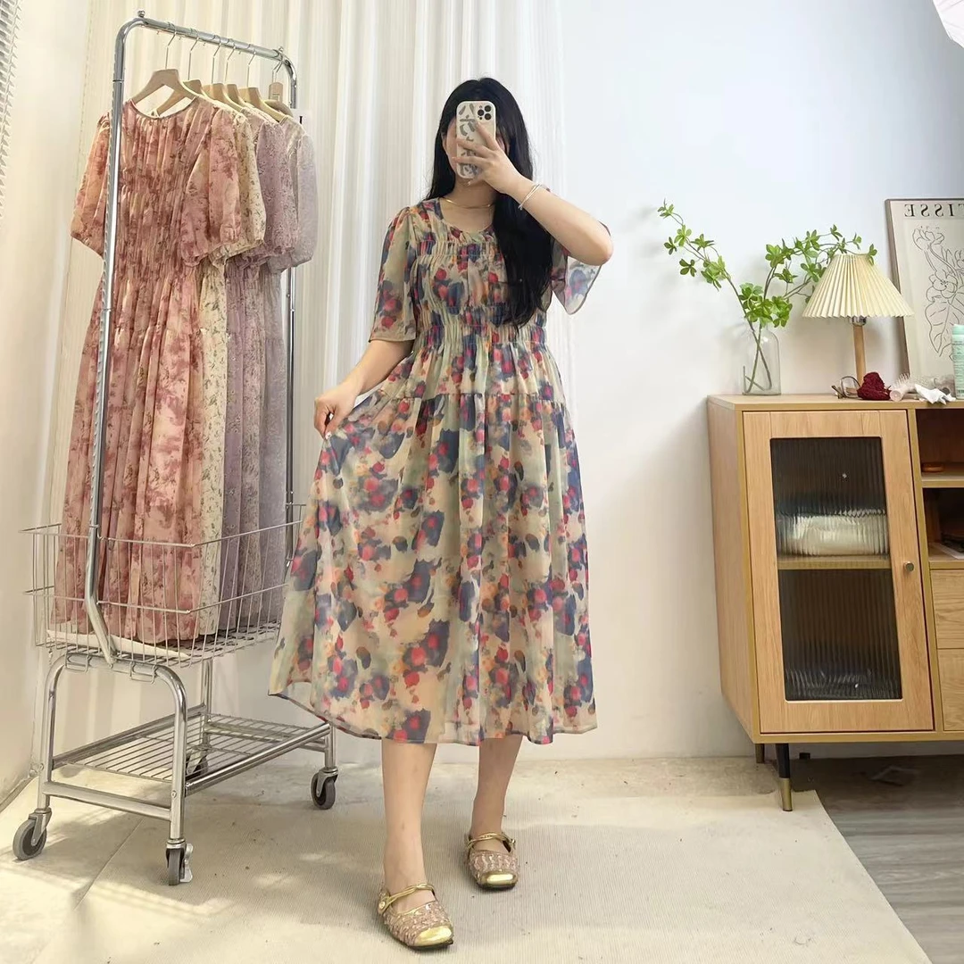 轻奢气质【油画美人】韩系优雅大码窄肩飞飞袖高腰遮肉显瘦连衣裙