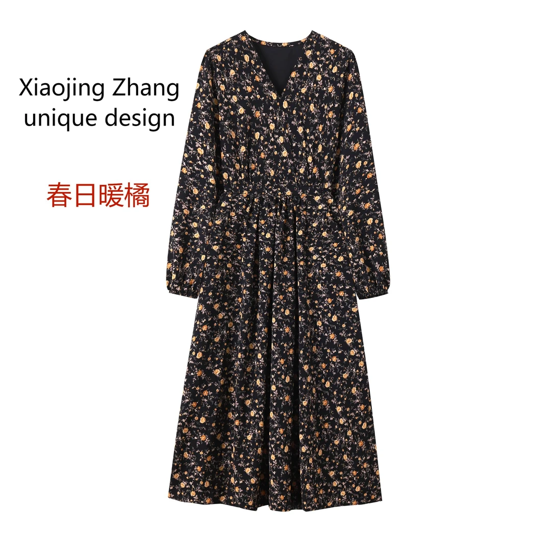 2025春夏新【春日暖橘】 法式复古碎花V领收腰显瘦胖mm连衣裙长裙