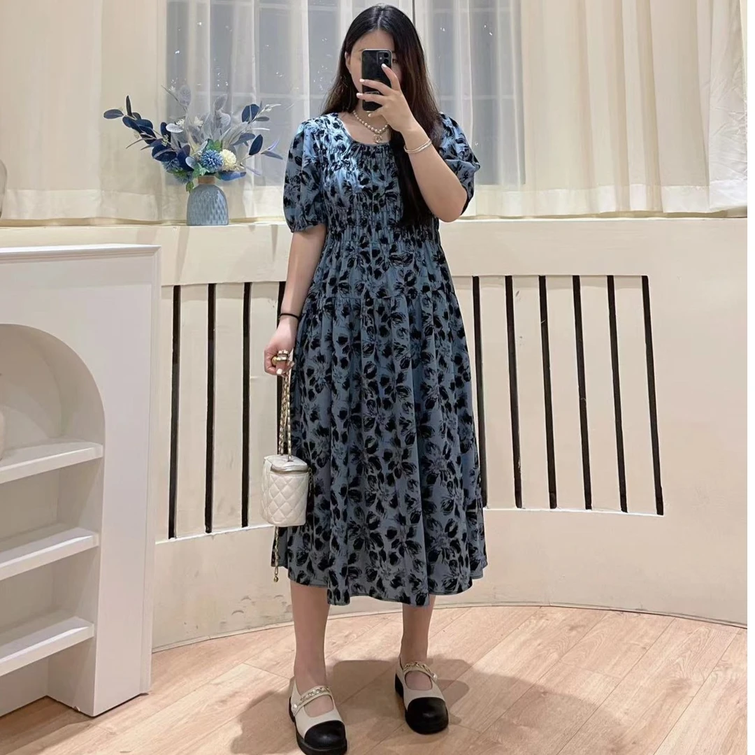 2025夏季短袖孔雀蓝窄肩泡泡袖收腰显瘦连衣裙宽松大码女装连衣裙