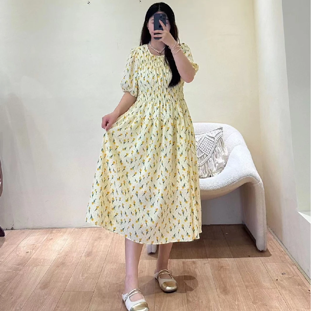 【张小静】【黄色郁金香】法式胖mm高腰松紧腰显瘦中长款夏季连衣裙