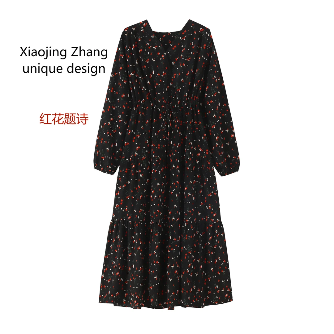 春夏【红花题诗】法式复古美人皱胖mm高腰收腰显瘦显高连衣裙长裙