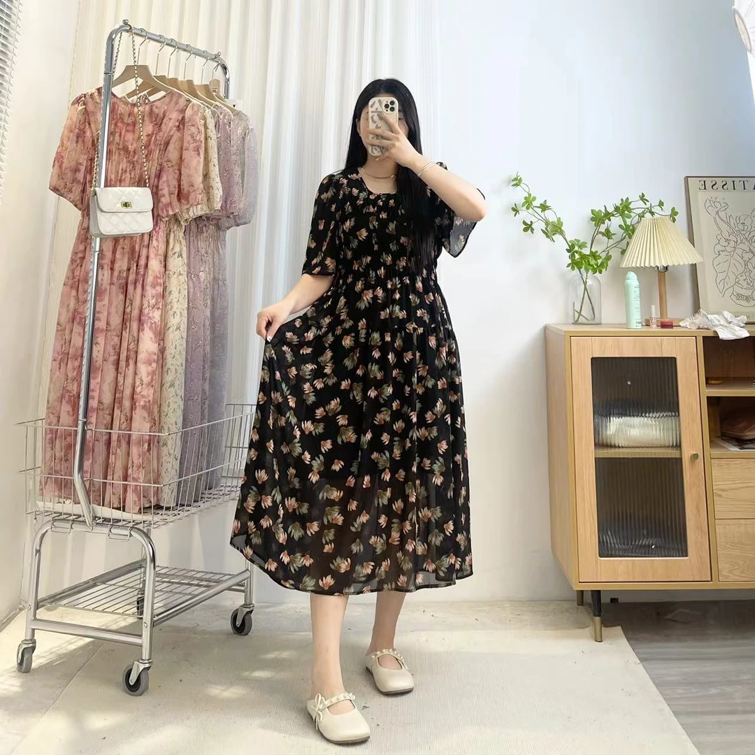 轻奢优雅【橘蓝花瓣】气质碎花窄肩飞飞袖胖mm高腰遮肉显瘦连衣裙