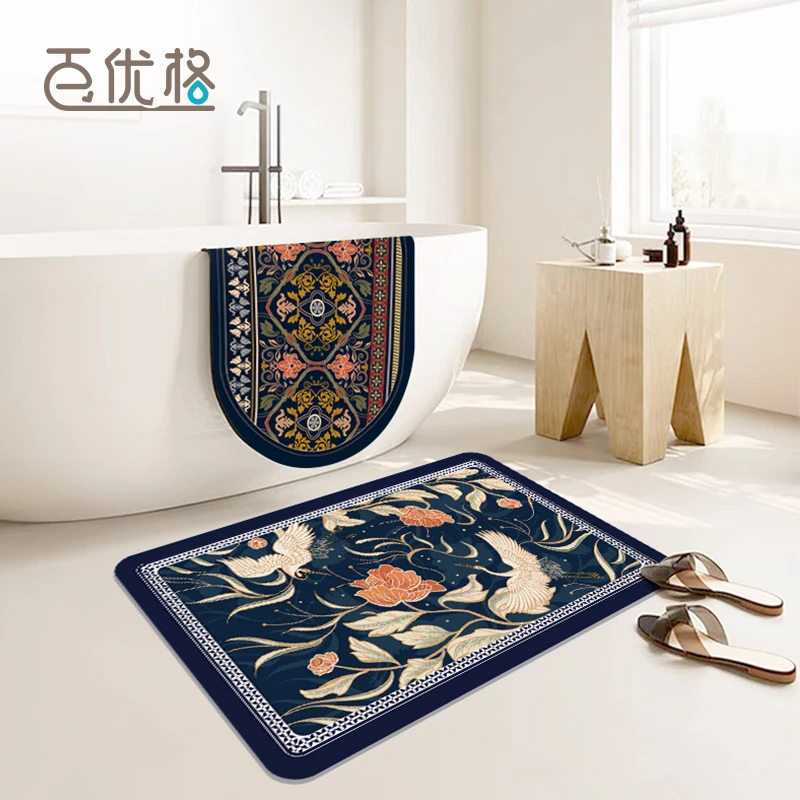 百优格新国风卫生间家用浴室吸水地垫防滑易清洗柔软入户垫