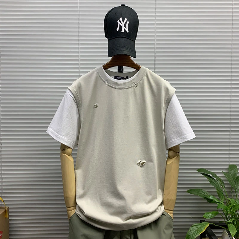 背心男士圆领套头纯色破洞夏季重磅简约休闲宽松潮流ins无袖t恤