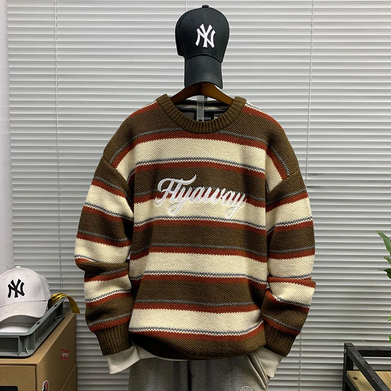 圆领套头提花条纹撞色针织衫男秋冬新款休闲宽松百搭内搭毛衣外套