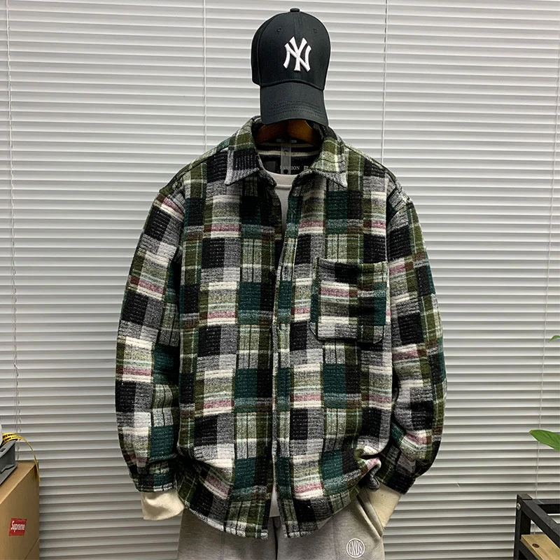春秋新款复古拼色格子衬衫男士港风潮牌百搭休闲宽松百搭衬衣外套