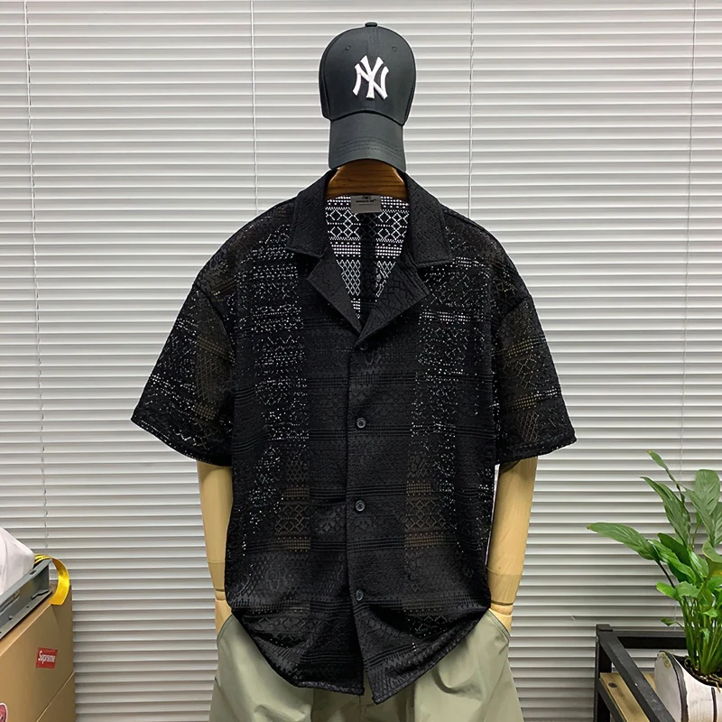 镂空花纹古巴领短袖衬衫男夏季新款休闲宽松潮牌百搭五分半袖衬衣