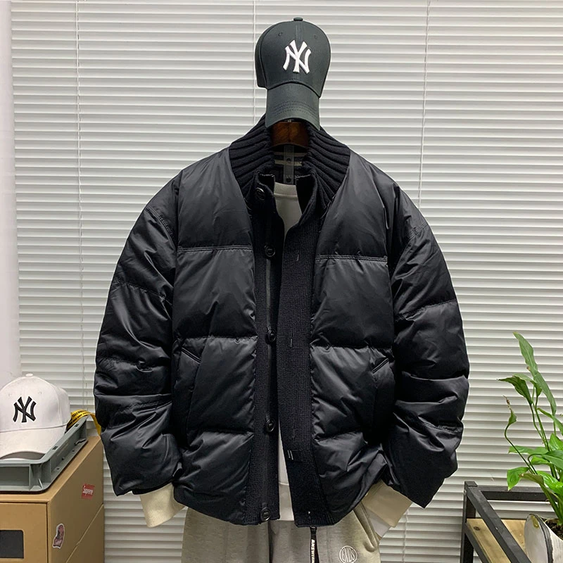 冬季新款拼接立领白鸭绒羽绒服外套男冬季休闲宽松简约潮牌面包服