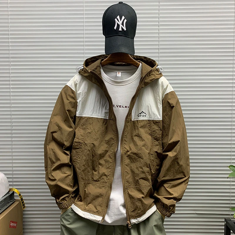 日系休闲宽松防晒衣外套男士夏季新款潮牌港风拼色连帽防晒服夹克