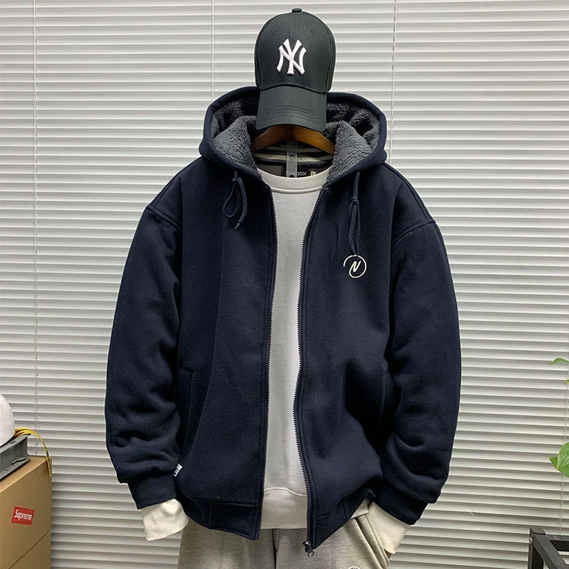 秋冬新款加绒加厚保暖卫衣外套男士休闲宽松运动潮牌开衫连帽帽衫