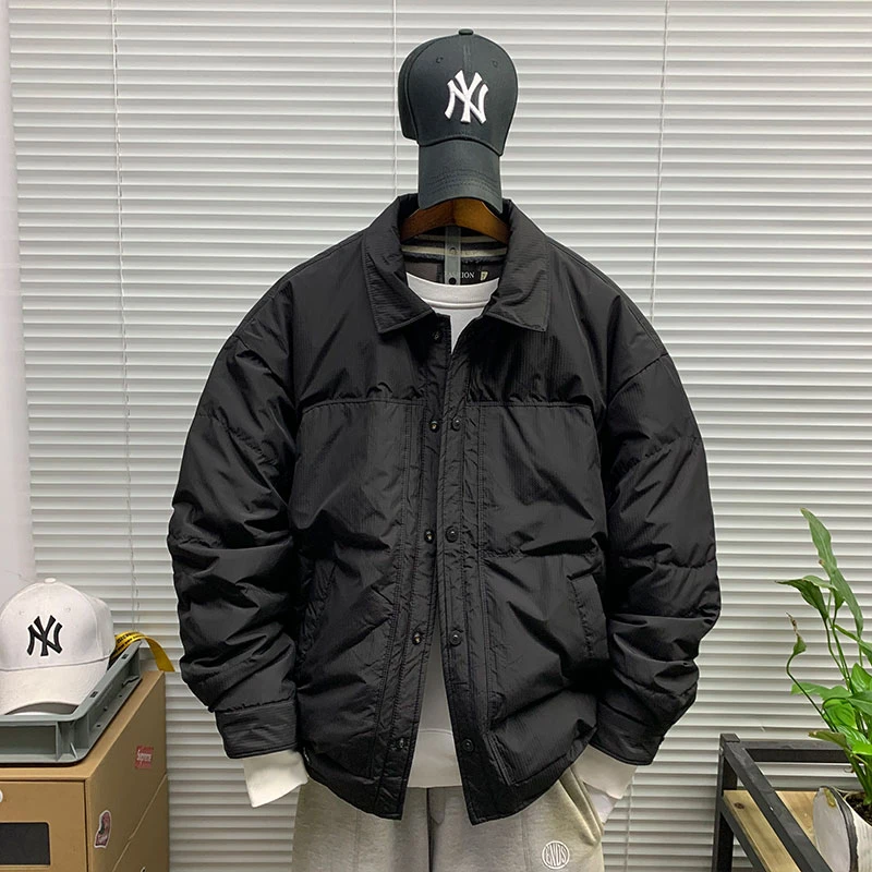 日系复古潮牌街头百搭纯色翻领夹克羽绒服男冬季新款加厚保暖外套