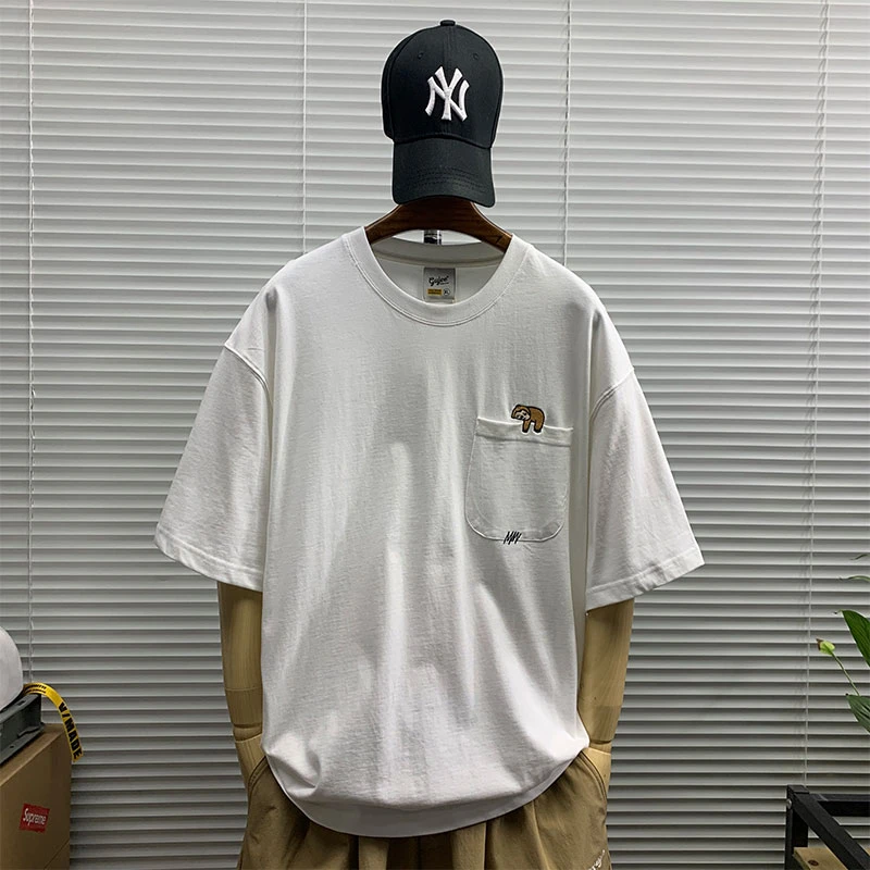 夏季薄款圆领短袖t恤男士重磅纯棉休闲宽松口袋刺绣简约半袖体恤T