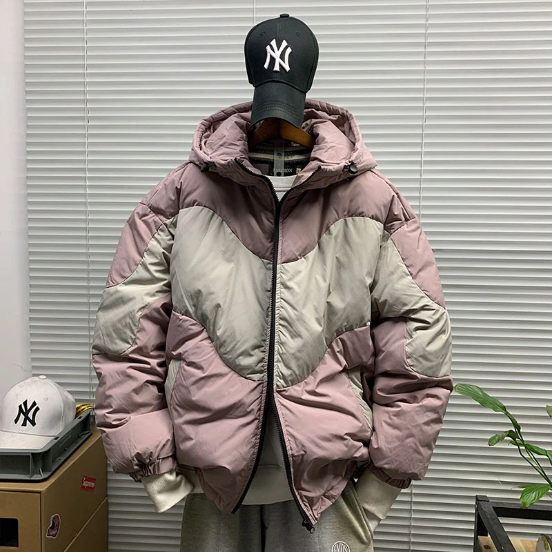 羽绒服男简约潮牌拼接撞色连帽冬季新款加厚保暖休闲宽松百搭外套