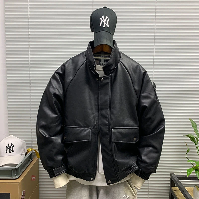 立领潮牌大口袋PU皮棉衣外套男冬季新款立领加厚保暖棉袄棉服夹克