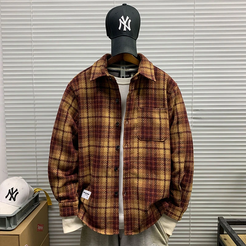 日系潮牌格子长袖衬衫男士春秋新款休闲宽松街头百搭潮流ins衬衣