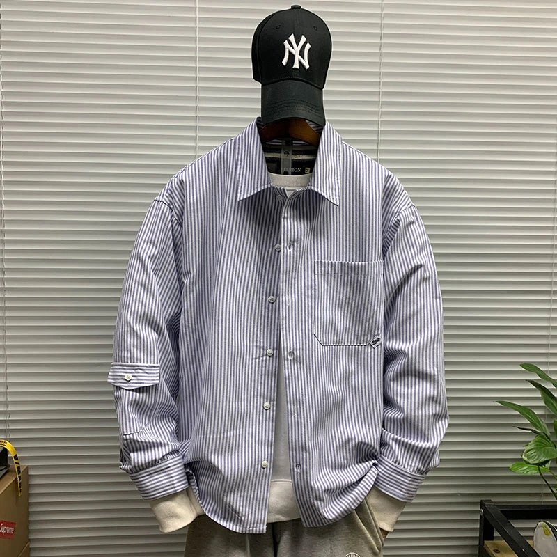 日系简约港风潮牌长袖条纹衬衫外套男士休闲宽松百搭潮流ins衬衣